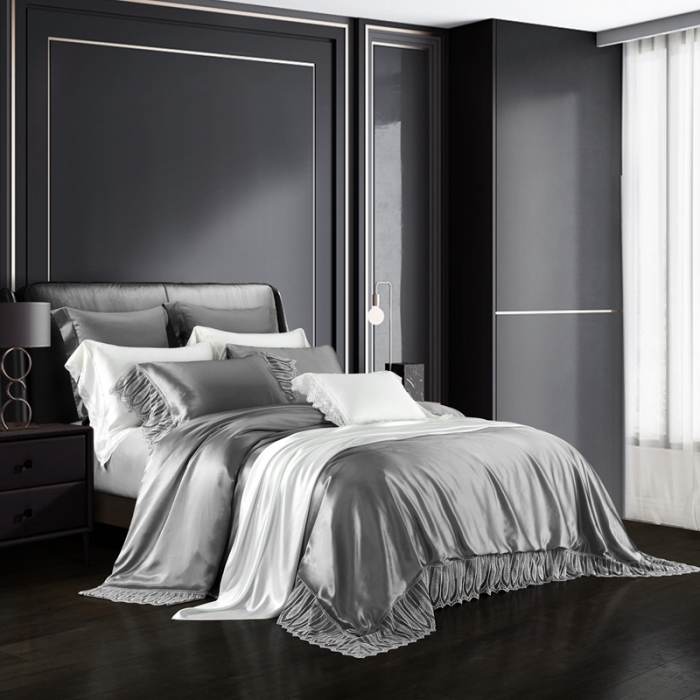 91家纺网 家纺一手货源 找家纺 雅韵诗真丝馆 2023新款素色真丝四件套 灰蕾丝