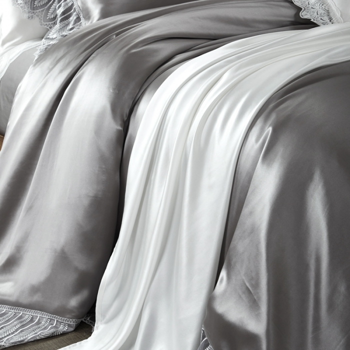 91家纺网 家纺一手货源 找家纺 雅韵诗真丝馆 2023新款素色真丝四件套 灰蕾丝