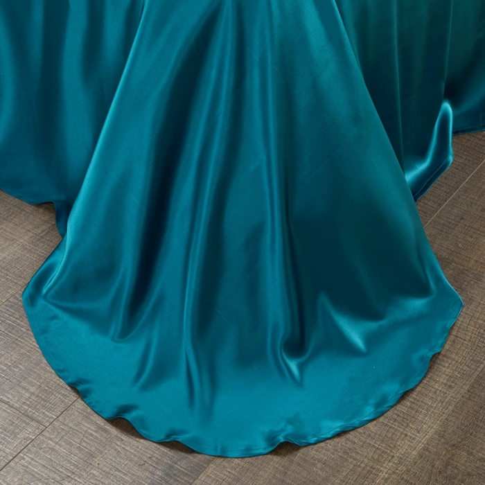 91家纺网 家纺一手货源 找家纺 雅韵诗真丝馆 2023新款素色真丝四件套 蕾丝孔雀蓝