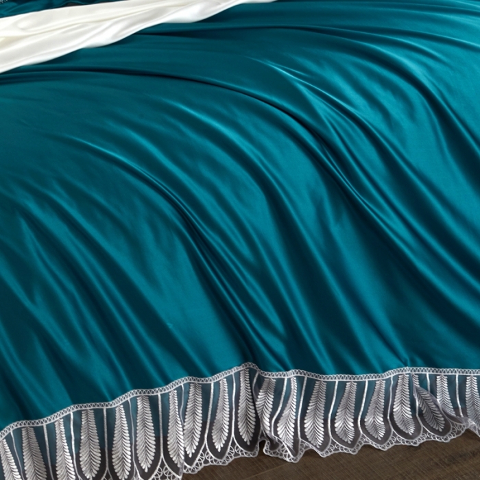 91家纺网 家纺一手货源 找家纺 雅韵诗真丝馆 2023新款素色真丝四件套 蕾丝孔雀蓝