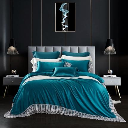 雅韵诗真丝馆 2023新款素色真丝四件套 蕾丝孔雀蓝