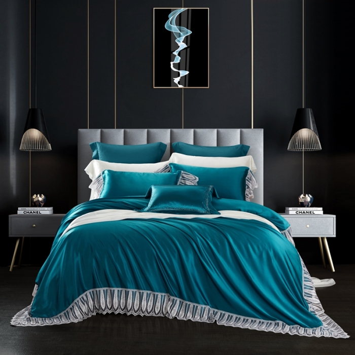 91家纺网 家纺一手货源 找家纺 雅韵诗真丝馆 2023新款素色真丝四件套 蕾丝孔雀蓝