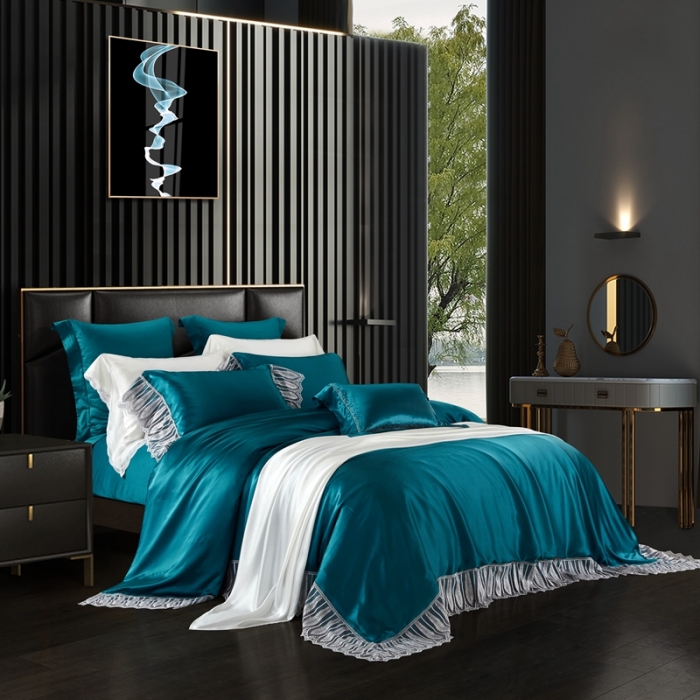 91家纺网 家纺一手货源 找家纺 雅韵诗真丝馆 2023新款素色真丝四件套 蕾丝孔雀蓝