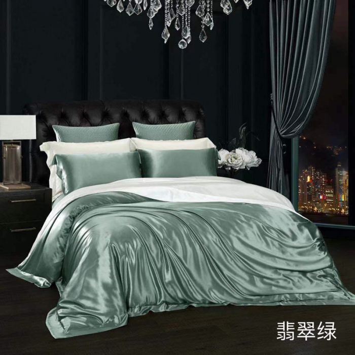 91家纺网 家纺一手货源 找家纺 雅韵诗真丝馆 2023新款素色真丝四件套 素色翡翠绿