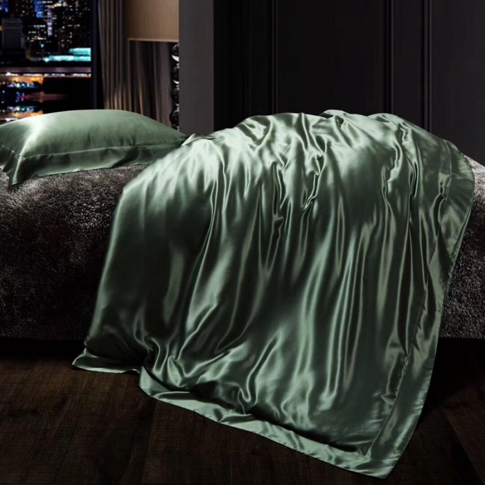 91家纺网 家纺一手货源 找家纺 雅韵诗真丝馆 2023新款素色真丝四件套 素色橄榄绿