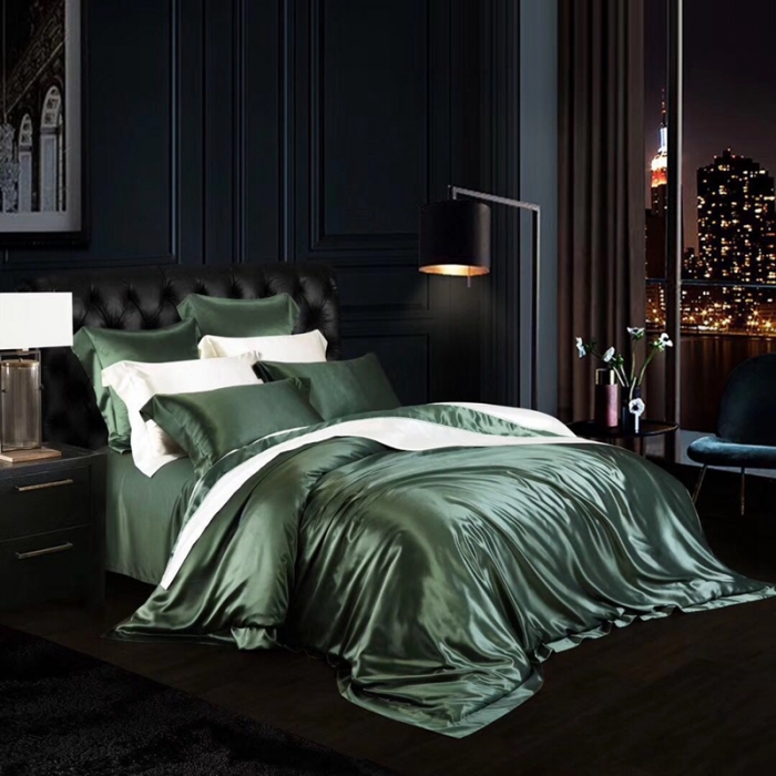 91家纺网 家纺一手货源 找家纺 雅韵诗真丝馆 2023新款素色真丝四件套 素色橄榄绿