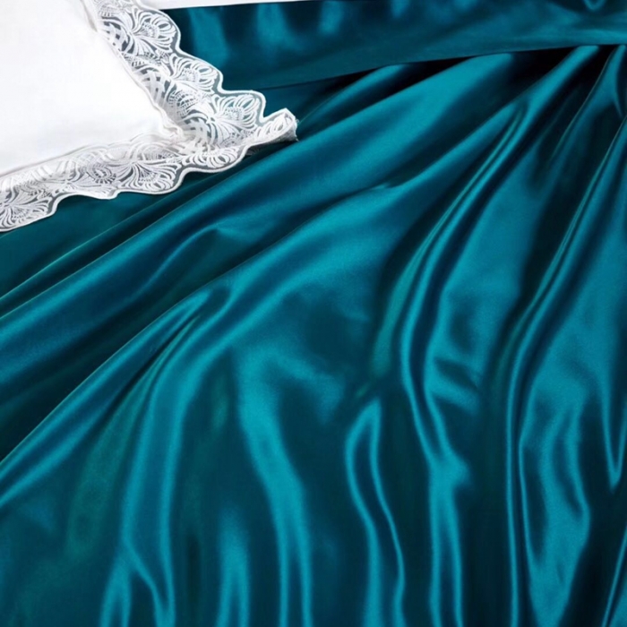 91家纺网 家纺一手货源 找家纺 雅韵诗真丝馆 2023新款素色真丝四件套 素色孔雀蓝