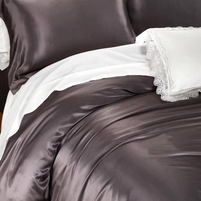 91家纺网 家纺一手货源 找家纺 雅韵诗真丝馆 2023新款素色真丝四件套 素色深灰