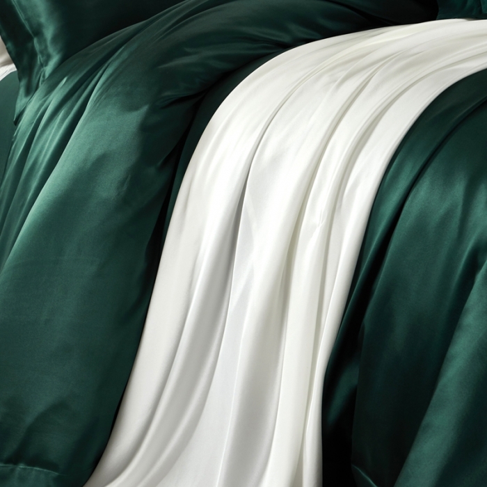 91家纺网 家纺一手货源 找家纺 雅韵诗真丝馆 2023新款素色真丝四件套 素色祖母绿