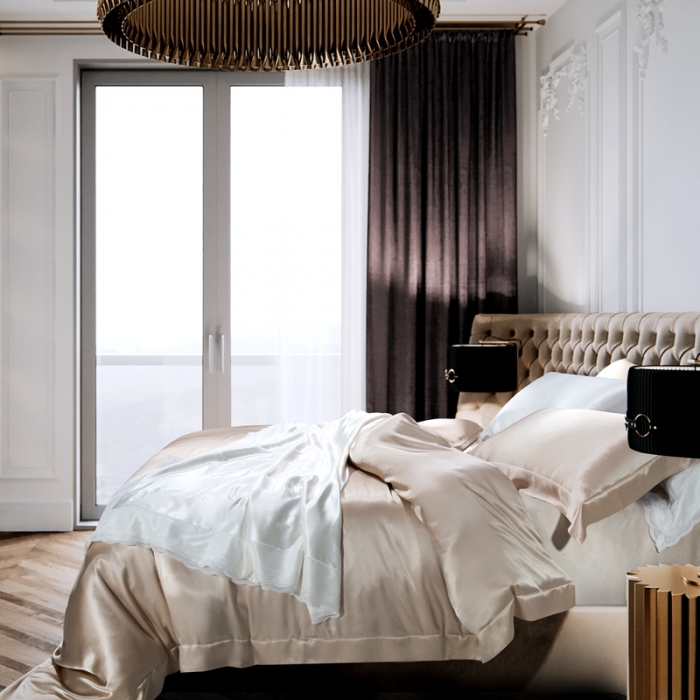 91家纺网 家纺一手货源 找家纺 雅韵诗真丝馆 2023新款素色真丝四件套 香槟金