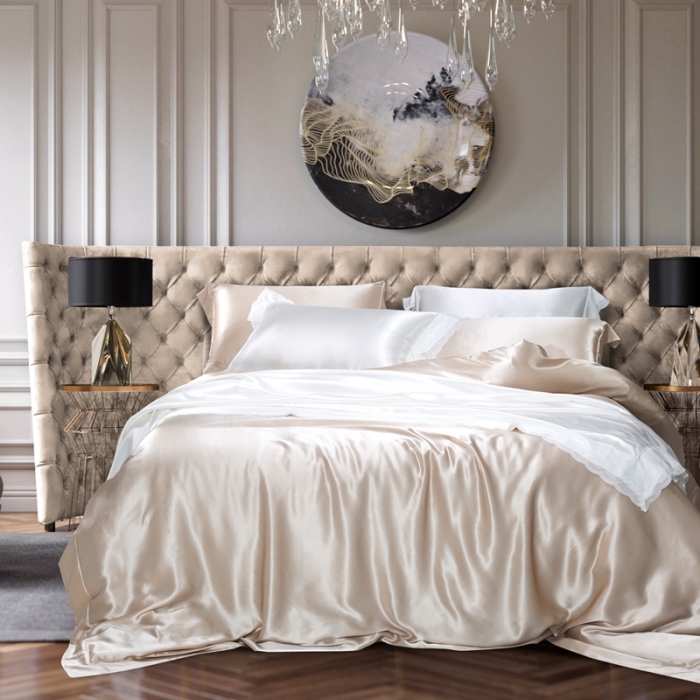 91家纺网 家纺一手货源 找家纺 雅韵诗真丝馆 2023新款素色真丝四件套 香槟金