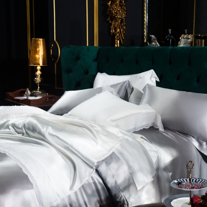 91家纺网 家纺一手货源 找家纺 雅韵诗真丝馆 2023新款素色真丝四件套 银灰