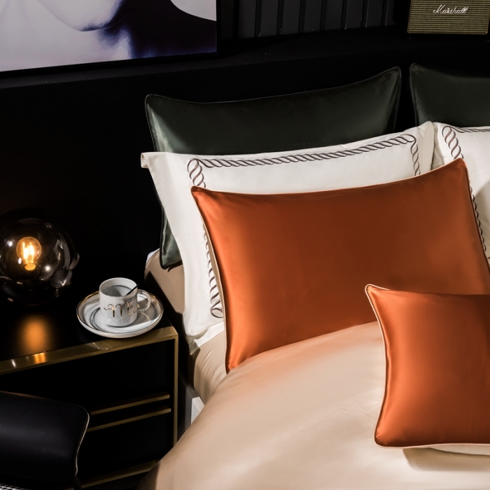 91家纺网 家纺一手货源 找家纺 雅韵诗 2023新款简约款真丝素色双拼四件套 爱马橙拼香槟