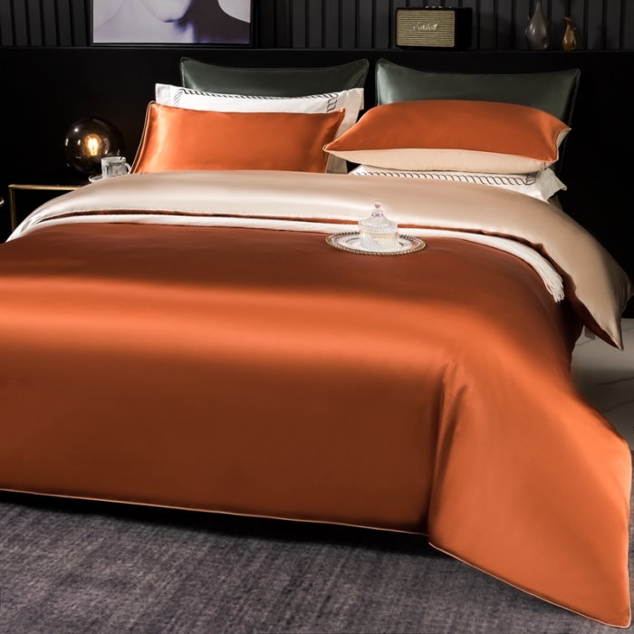 91家纺网 家纺一手货源 找家纺 雅韵诗 2023新款简约款真丝素色双拼四件套 爱马橙拼香槟