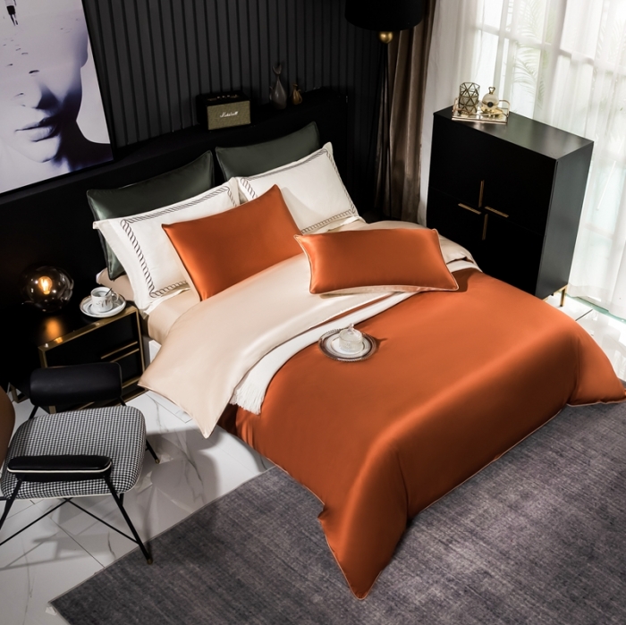 91家纺网 家纺一手货源 找家纺 雅韵诗 2023新款简约款真丝素色双拼四件套 爱马橙拼香槟