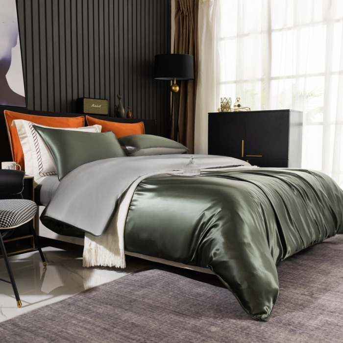 91家纺网 家纺一手货源 找家纺 雅韵诗 2023新款简约款真丝素色双拼四件套 橄榄绿拼银灰