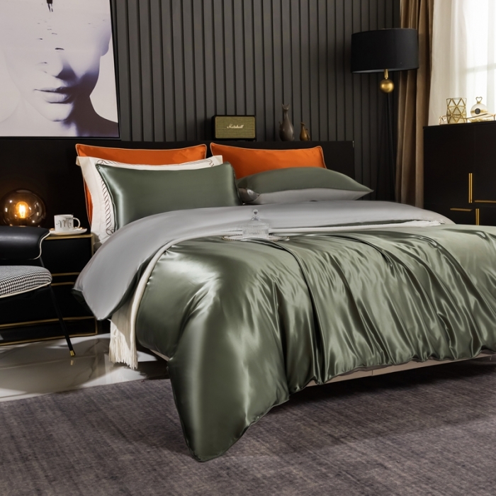 91家纺网 家纺一手货源 找家纺 雅韵诗 2023新款简约款真丝素色双拼四件套 橄榄绿拼银灰