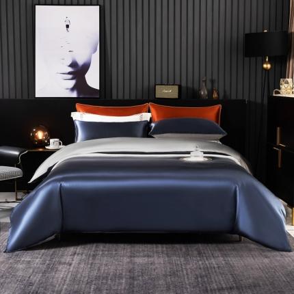 雅韵诗 2023新款简约款真丝素色双拼四件套 贵族蓝拼银灰