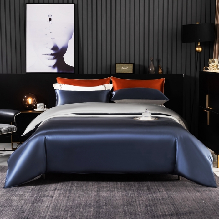 91家纺网 家纺一手货源 找家纺 雅韵诗 2023新款简约款真丝素色双拼四件套 贵族蓝拼银灰