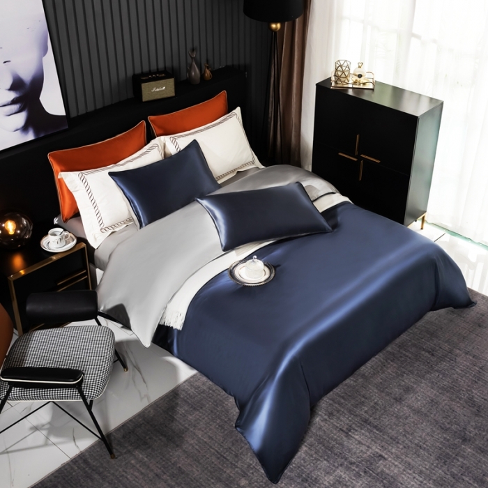 91家纺网 家纺一手货源 找家纺 雅韵诗 2023新款简约款真丝素色双拼四件套 贵族蓝拼银灰