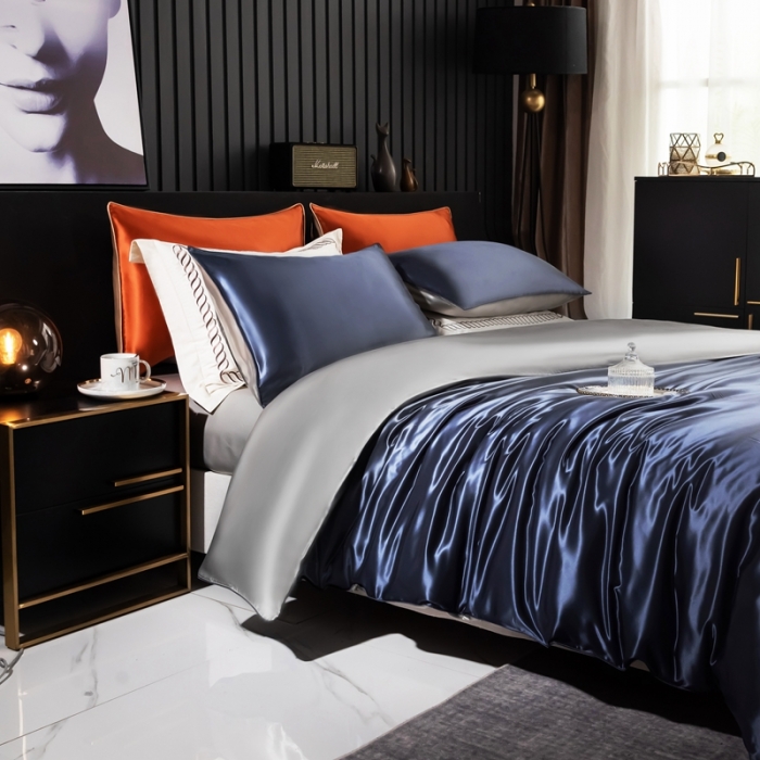 91家纺网 家纺一手货源 找家纺 雅韵诗 2023新款简约款真丝素色双拼四件套 贵族蓝拼银灰