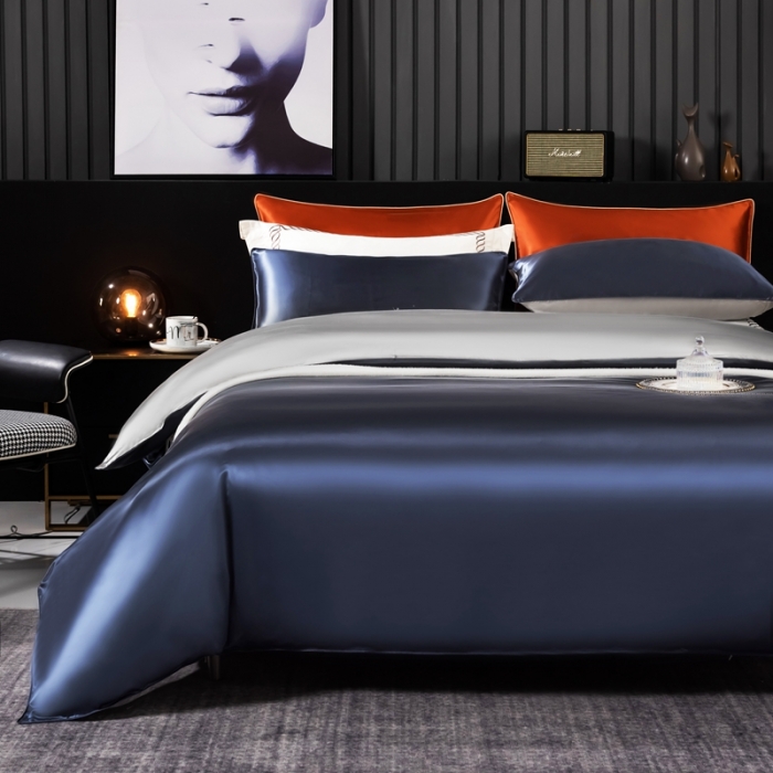 91家纺网 家纺一手货源 找家纺 雅韵诗 2023新款简约款真丝素色双拼四件套 贵族蓝拼银灰