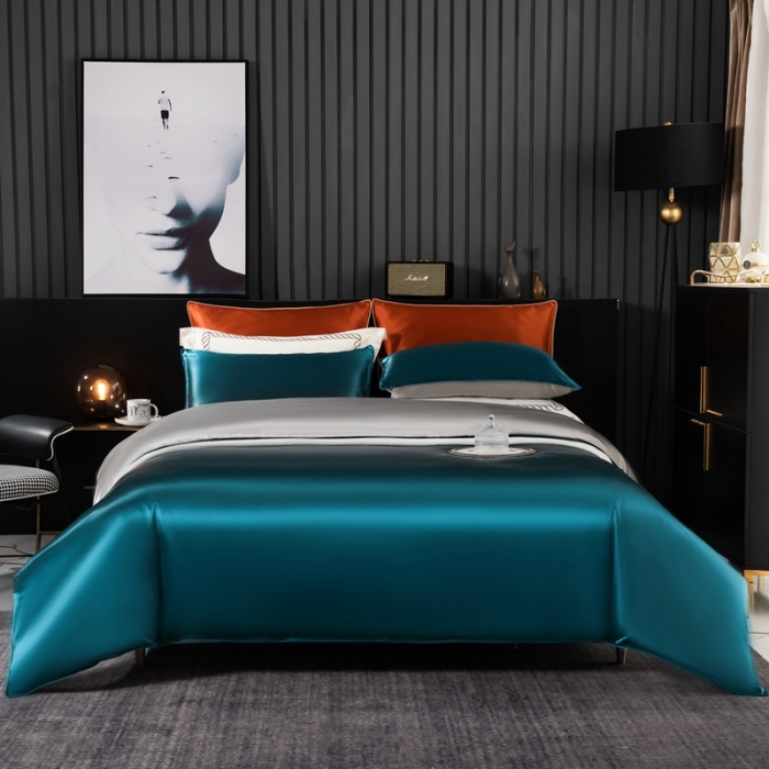 91家纺网 家纺一手货源 找家纺 雅韵诗 2023新款简约款真丝素色双拼四件套 孔雀蓝拼银灰