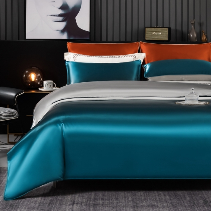 91家纺网 家纺一手货源 找家纺 雅韵诗 2023新款简约款真丝素色双拼四件套 孔雀蓝拼银灰