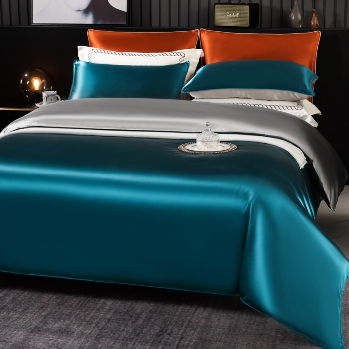 91家纺网 家纺一手货源 找家纺 雅韵诗 2023新款简约款真丝素色双拼四件套 孔雀蓝拼银灰