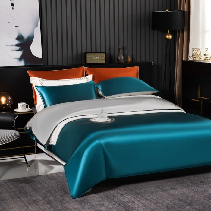 91家纺网 家纺一手货源 找家纺 雅韵诗 2023新款简约款真丝素色双拼四件套 孔雀蓝拼银灰