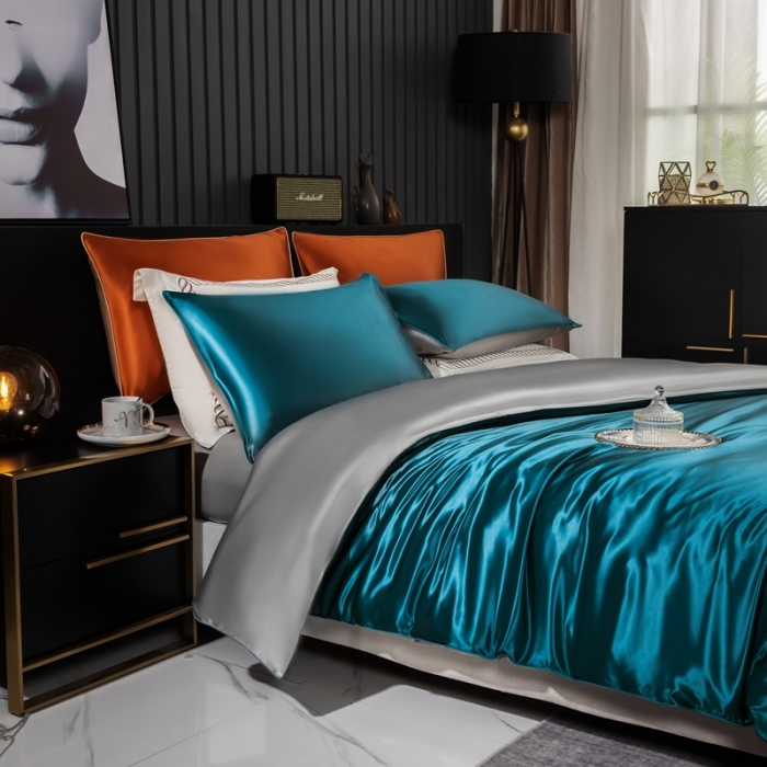 91家纺网 家纺一手货源 找家纺 雅韵诗 2023新款简约款真丝素色双拼四件套 孔雀蓝拼银灰