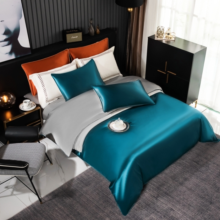 91家纺网 家纺一手货源 找家纺 雅韵诗 2023新款简约款真丝素色双拼四件套 孔雀蓝拼银灰