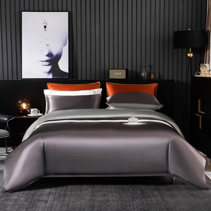 91家纺网 家纺一手货源 找家纺 雅韵诗 2023新款简约款真丝素色双拼四件套 炭火灰拼银灰
