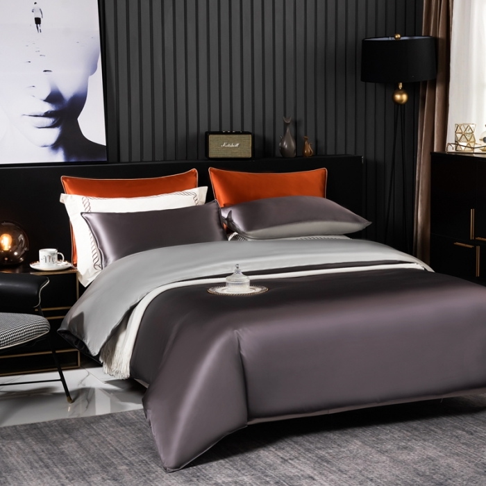 91家纺网 家纺一手货源 找家纺 雅韵诗 2023新款简约款真丝素色双拼四件套 炭火灰拼银灰