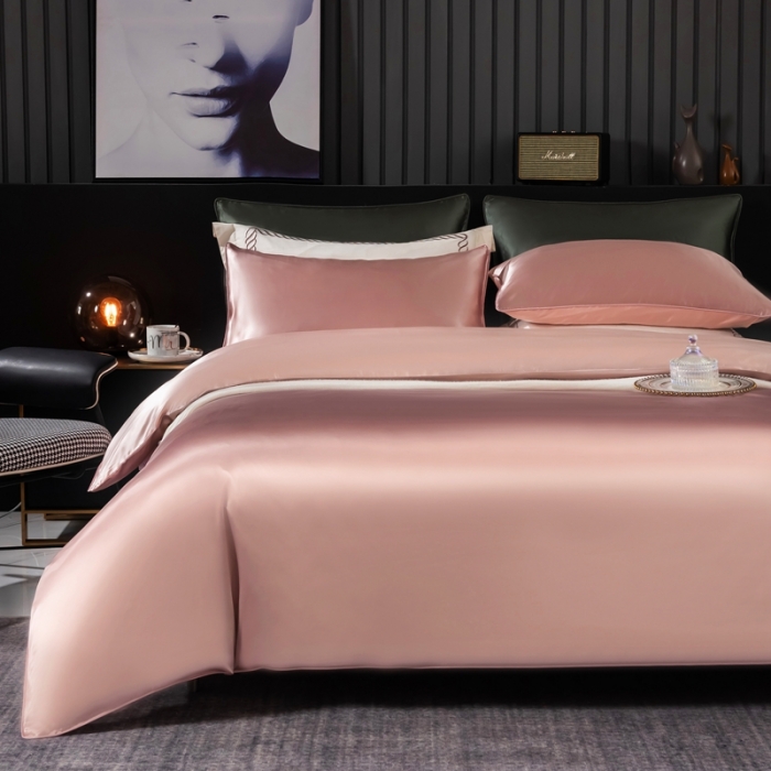 91家纺网 家纺一手货源 找家纺 雅韵诗 2023新款简约款真丝素色双拼四件套 樱花粉拼粉玉