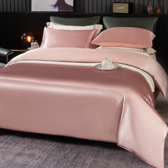 91家纺网 家纺一手货源 找家纺 雅韵诗 2023新款简约款真丝素色双拼四件套 樱花粉拼粉玉