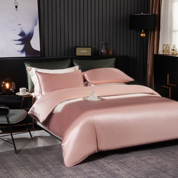 91家纺网 家纺一手货源 找家纺 雅韵诗 2023新款简约款真丝素色双拼四件套 樱花粉拼粉玉