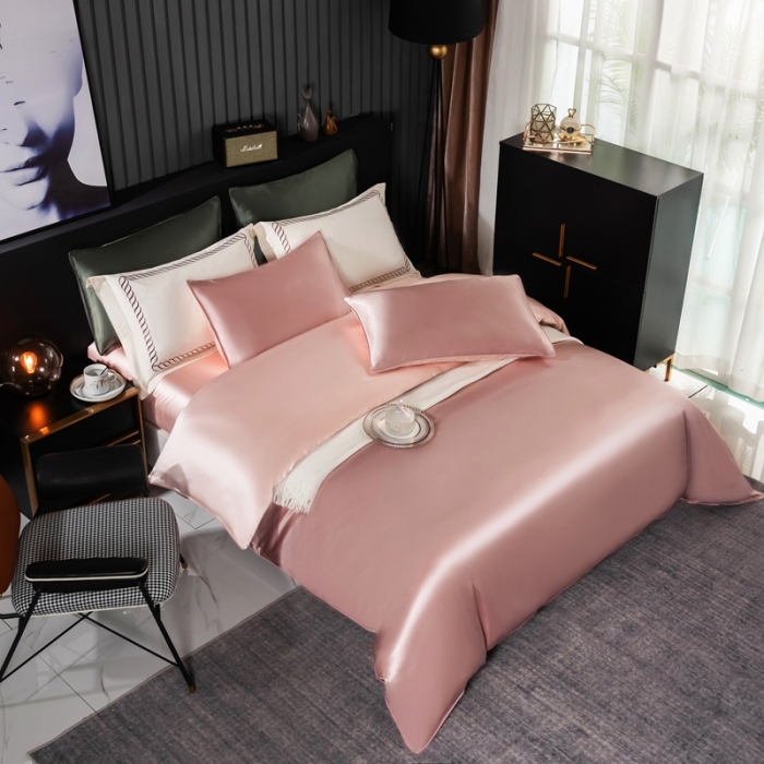 91家纺网 家纺一手货源 找家纺 雅韵诗 2023新款简约款真丝素色双拼四件套 樱花粉拼粉玉