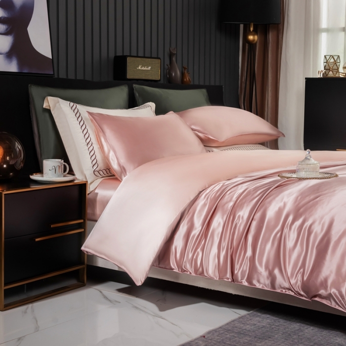 91家纺网 家纺一手货源 找家纺 雅韵诗 2023新款简约款真丝素色双拼四件套 樱花粉拼粉玉