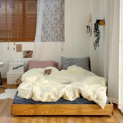 91家纺网 家纺一手货源 找家纺 安莱生活新款纯色混搭风全棉水洗棉四件套奶黄+牛仔蓝+藕粉浅蓝