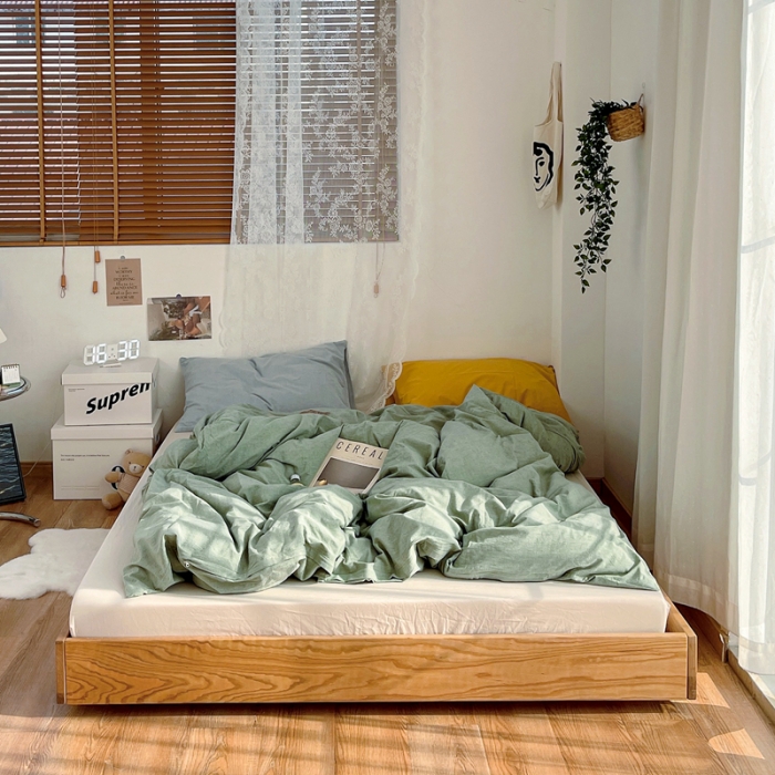 91家纺网 家纺一手货源 找家纺 安莱生活 新款纯色混搭风全棉水洗棉四件套草绿+米白+浅蓝姜黄