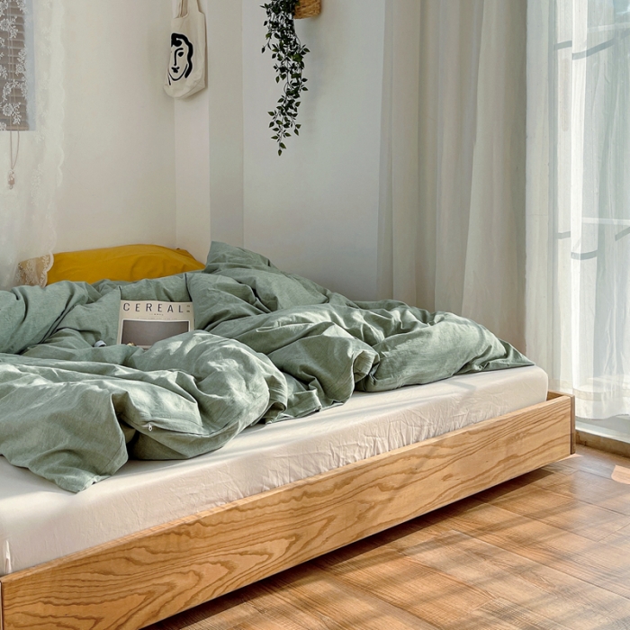 91家纺网 家纺一手货源 找家纺 安莱生活 新款纯色混搭风全棉水洗棉四件套草绿+米白+浅蓝姜黄