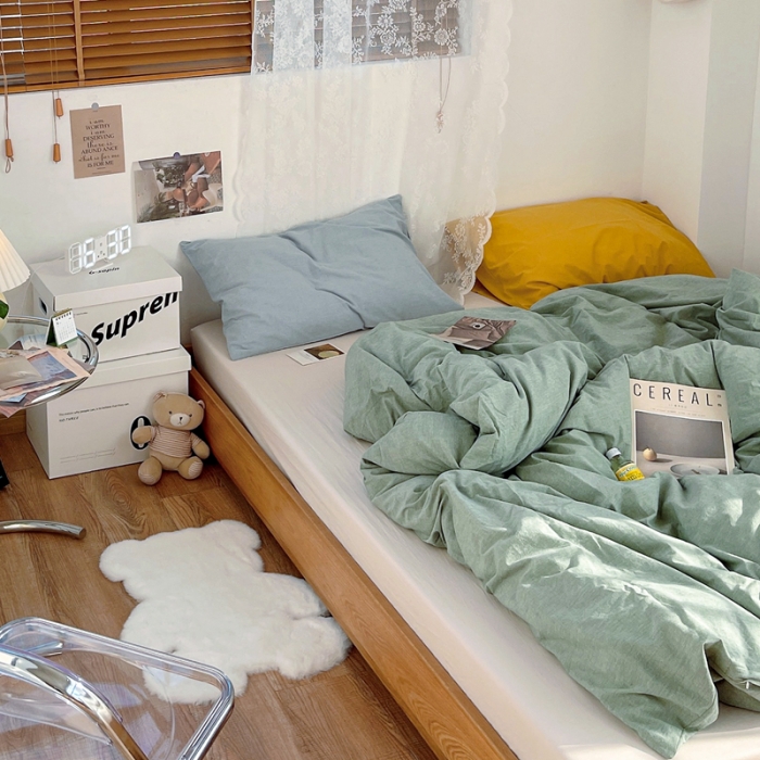 91家纺网 家纺一手货源 找家纺 安莱生活 新款纯色混搭风全棉水洗棉四件套草绿+米白+浅蓝姜黄