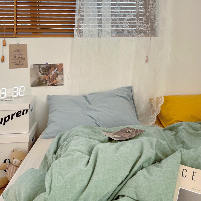 91家纺网 家纺一手货源 找家纺 安莱生活 新款纯色混搭风全棉水洗棉四件套草绿+米白+浅蓝姜黄