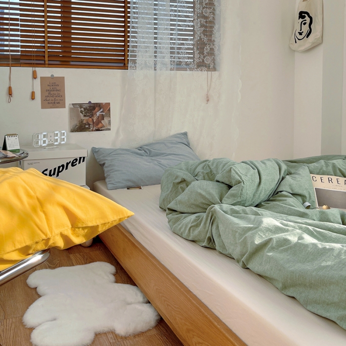 91家纺网 家纺一手货源 找家纺 安莱生活 新款纯色混搭风全棉水洗棉四件套草绿+米白+浅蓝姜黄