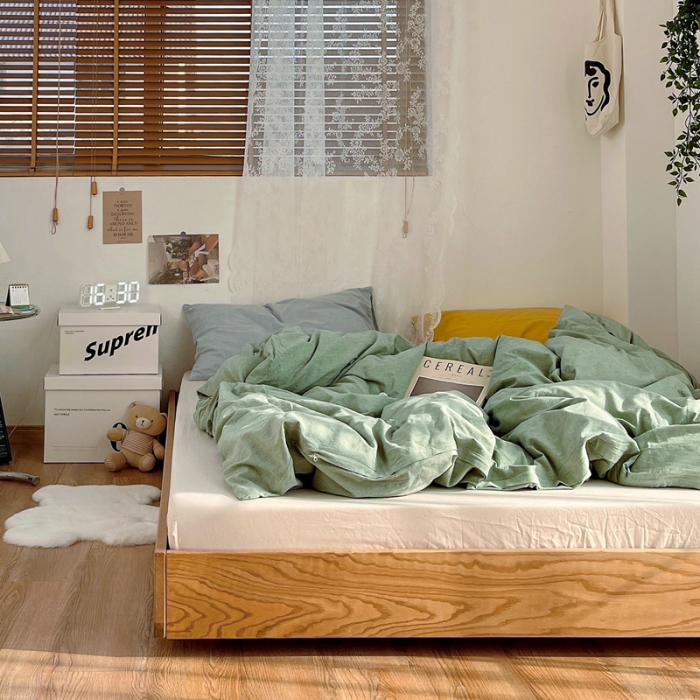 91家纺网 家纺一手货源 找家纺 安莱生活 新款纯色混搭风全棉水洗棉四件套草绿+米白+浅蓝姜黄