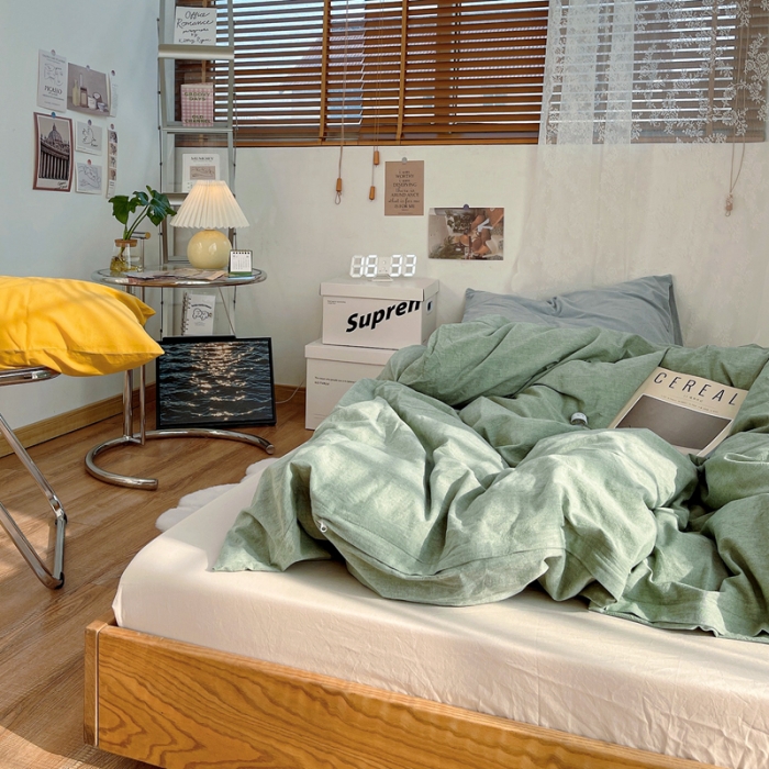 91家纺网 家纺一手货源 找家纺 安莱生活 新款纯色混搭风全棉水洗棉四件套草绿+米白+浅蓝姜黄