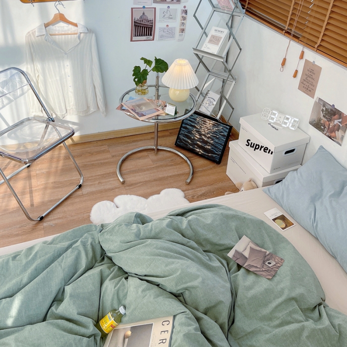 91家纺网 家纺一手货源 找家纺 安莱生活 新款纯色混搭风全棉水洗棉四件套草绿+米白+浅蓝姜黄