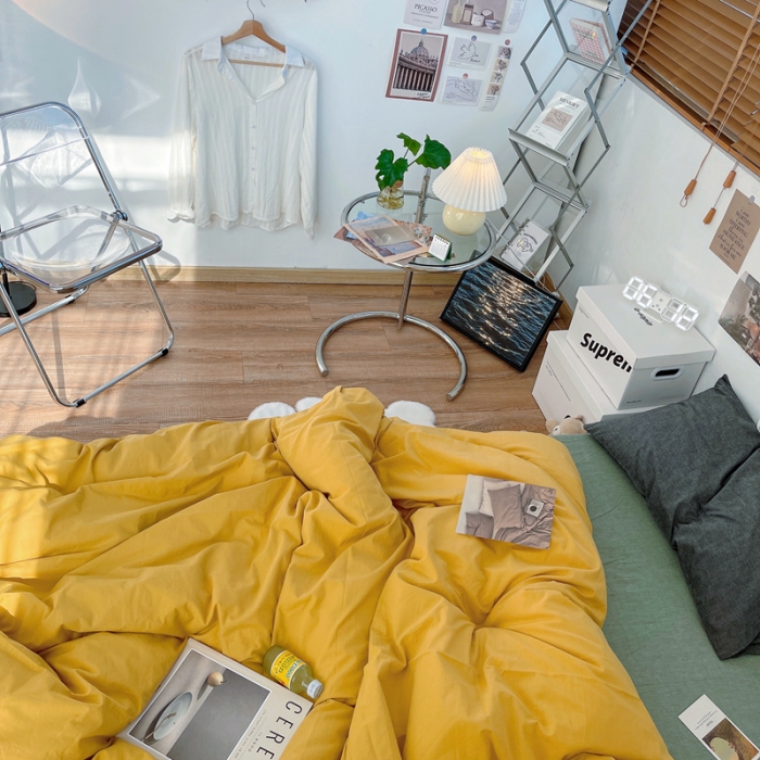 91家纺网 家纺一手货源 找家纺 安莱生活 新款纯色混搭风全棉水洗棉四件套姜黄+草绿+深灰浅蓝