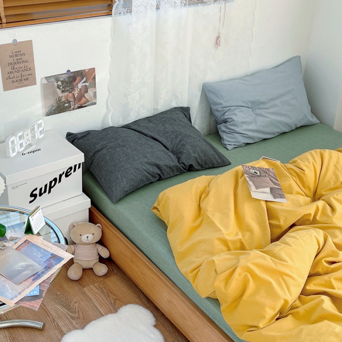 91家纺网 家纺一手货源 找家纺 安莱生活 新款纯色混搭风全棉水洗棉四件套姜黄+草绿+深灰浅蓝